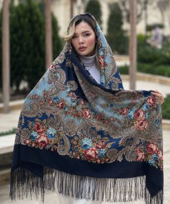 روسری پشمی اصیل ترکمن طرح آیلین آبی