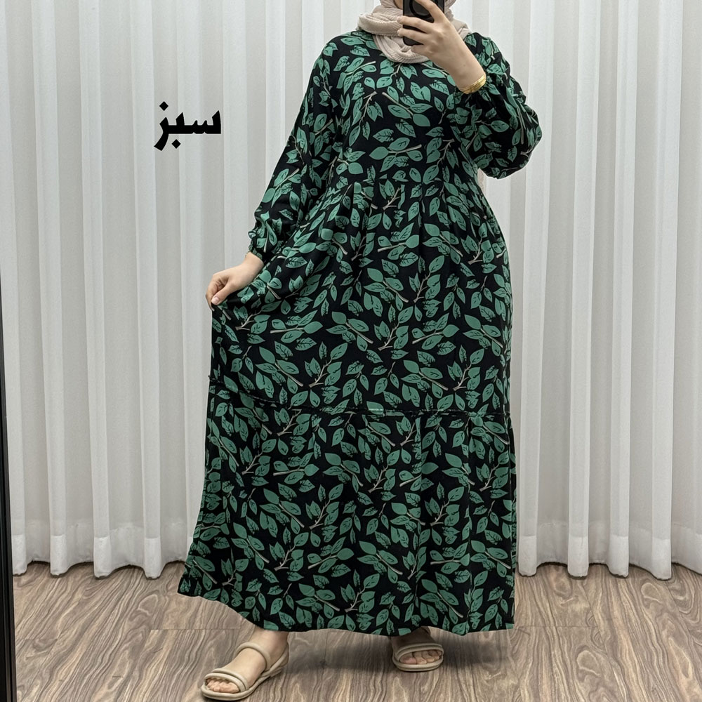 سبز پیراهن نخی گلدار مدل برگ کد 1641 - تصویر 1