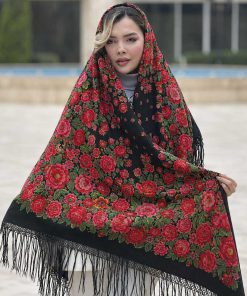 روسری ترکمنی اصل پشمی مشکی گل قرمز کد 2180