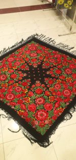روسری ترکمنی اصل پشمی مشکی گل قرمز کد 2180 - Image 3