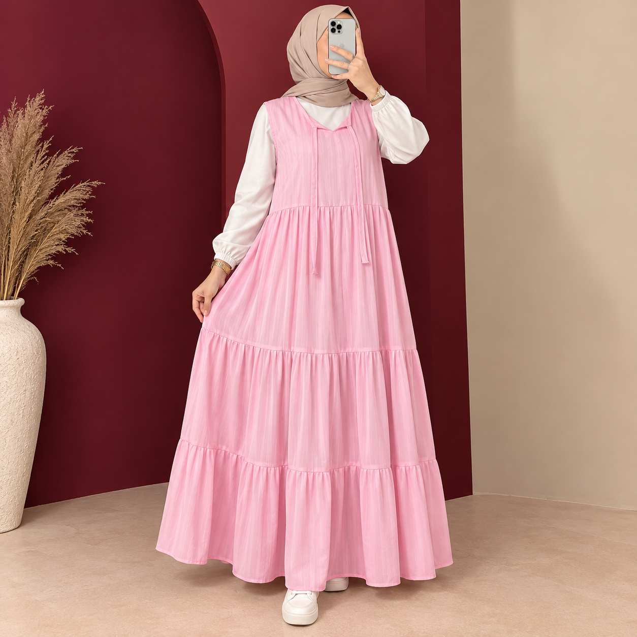 file_00000000229481f9b8b652a4212a3eb9 پیراهن ساحلی حلقه ای بلند زنانه نخ لینن چیندار کد Z6070 - تصویر 1