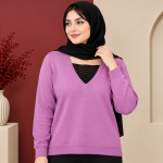 بلوز زنانه بافت وارداتی یقه هفت گیپور دار کد Z6083 - تصویر 2