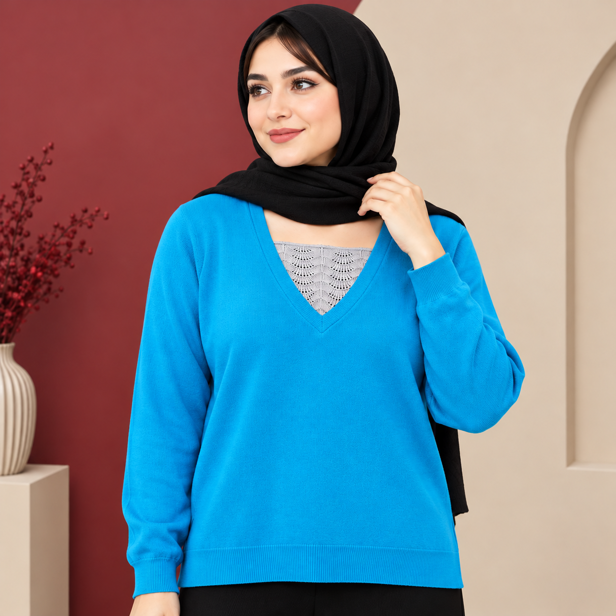 file_00000000474481f9beddb51111dc1c77 بلوز زنانه بافت وارداتی یقه هفت گیپور دار کد Z6083 - تصویر 1