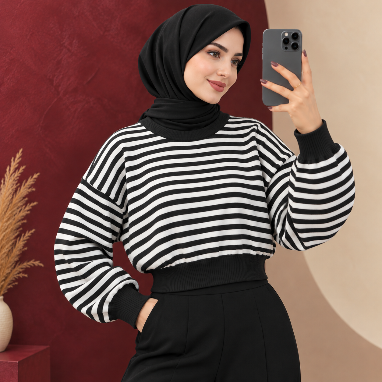 file_000000005d0081f999b351398034b034 بلوز زنانه بافت کراپی راه راه ایلای کد Z6066 - تصویر 1