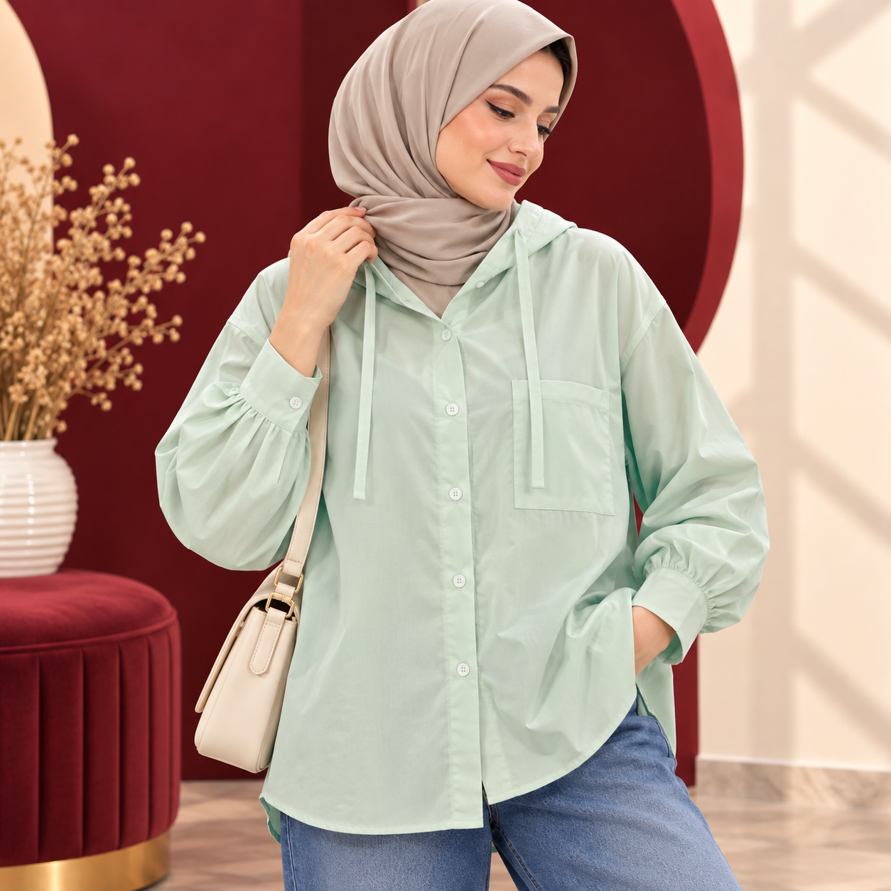 file_000000005d3081f9bfd81cdc8a1b5228 شومیز زنانه کلاهدار وارداتی آوینا کد Z6063 - تصویر 1
